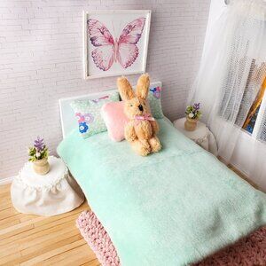 Miniature Dollhouse Fleece Mint Green Bedding Set 1:12 Scale